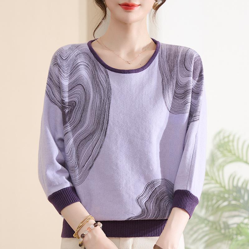 Mom s 2026 Stylish Seven-Point Sleeve Knit Top for Spring & Summer - Middle-aged & Elderly Women s T-shirt 4XL (Approx 67.5-75kg) светло-фиолетовый