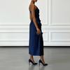 Elegant Women Solid Satin Slanted Neck Midi Dress Summer Sexy One Shoulder Sleeveless Ruched Slim Evening Party Long Dresses