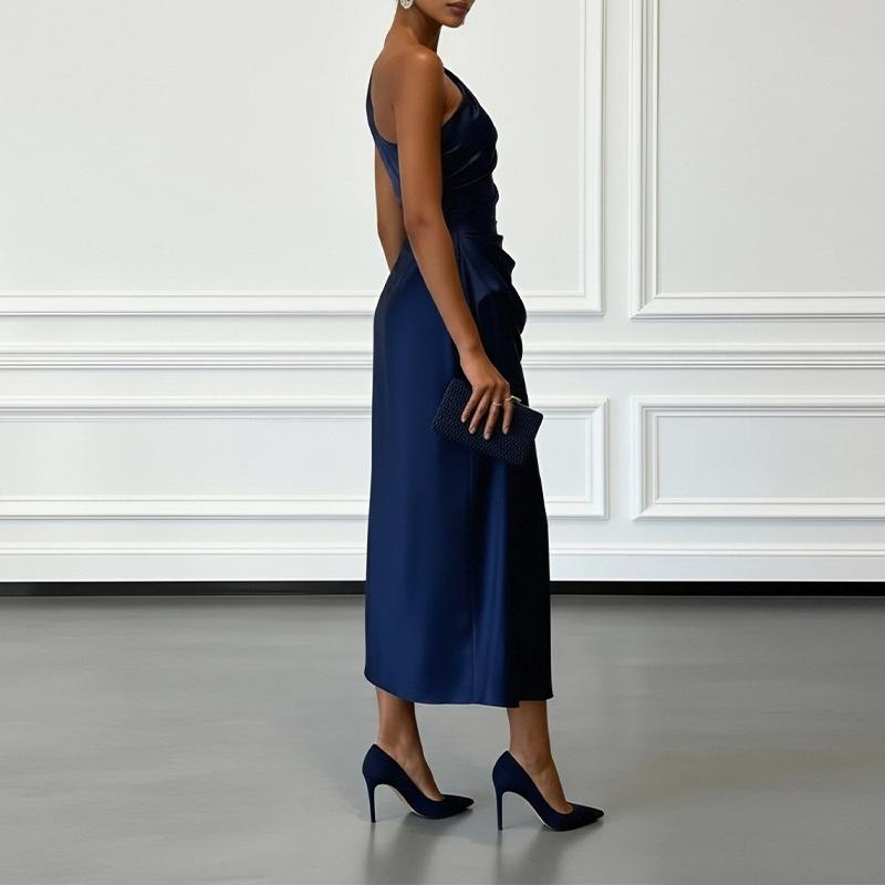 Elegant Women Solid Satin Slanted Neck Midi Dress Summer Sexy One Shoulder Sleeveless Ruched Slim Evening Party Long Dresses