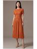 2026 Women's Summer A-Line Dress: High-End, Solid Color, Round Neck, Short Sleeve, High Waist, Slimming Miyake Style.