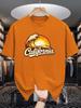 Unisex Beige Crew Neck Tee Vintage California Cursive Logo Giant Ocean Wave Orange Sunset Surf Coast Retro Holiday Cotton Top