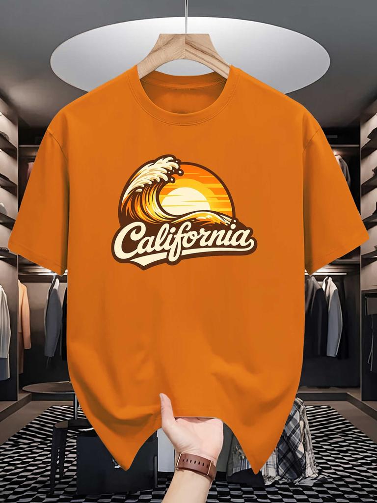 Unisex Beige Crew Neck Tee Vintage California Cursive Logo Giant Ocean Wave Orange Sunset Surf Coast Retro Holiday Cotton Top