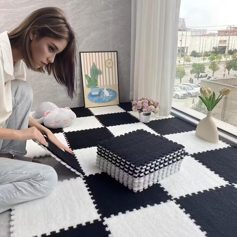 Soft Plush Foam Puzzle Mat Carpet Tiles for Living Room Bedroom Baby Play Area Non-Slip Interlocking Floor Rug Baby Play Mat