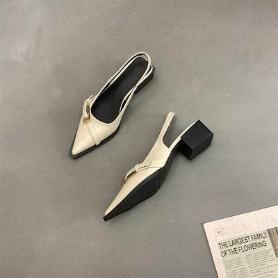 Back Empty Sandals French Evening Breeze Silver Pointed Thick Heel Single Shoes Female Summer and Autumn Fairy with Skirt