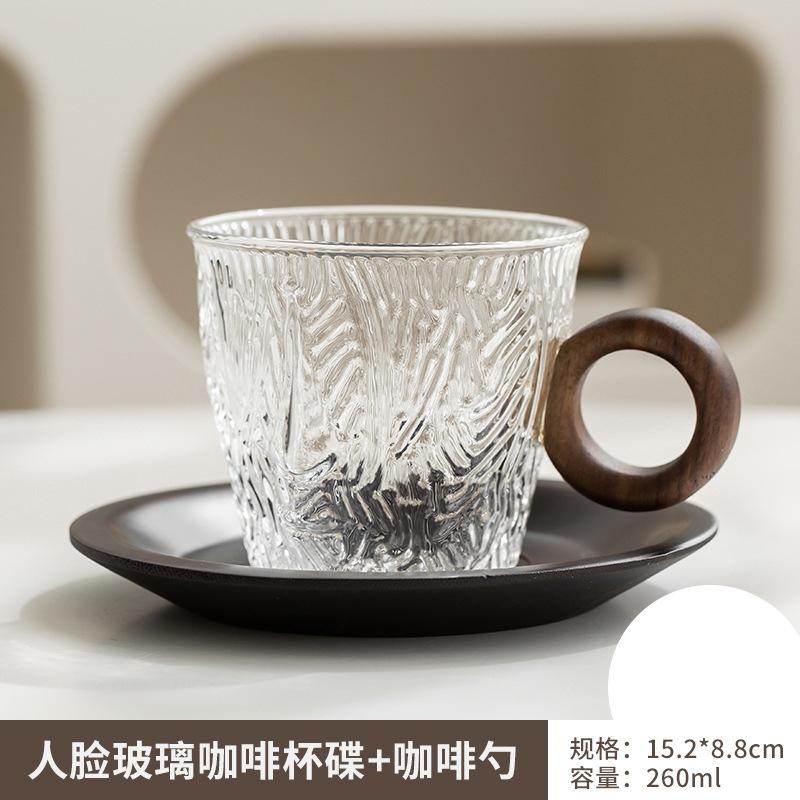

Creative Face Cup Body,with Walnut Wood Handle Multi-purpose High-end Heat-resistant Glass Coffee Cup and Saucer Set 260ml