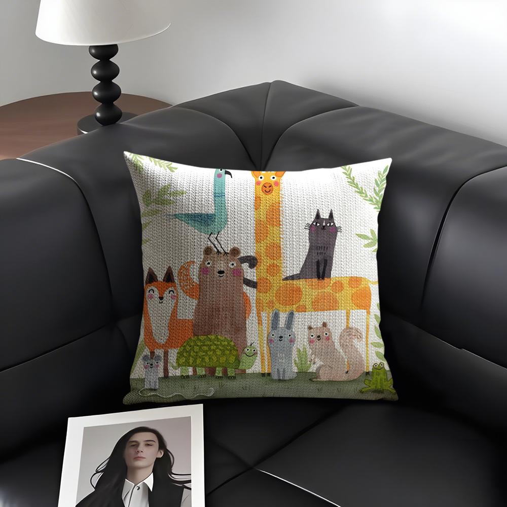 Cartoon Animals Cushion Cover Natural Linen Organic Fabric DoubleSided Printing Sofa Home Decor Gift Pillow Case