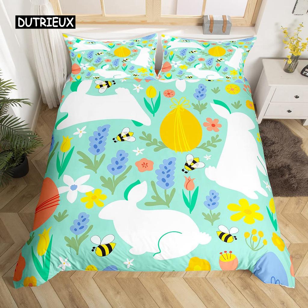 Kawaii Rabbit Duvet Cover Cute Pet Animal Comforter Cover Boho Floral Easter Eggs Bedding Set Happy Easter Gifts for Girls Teens