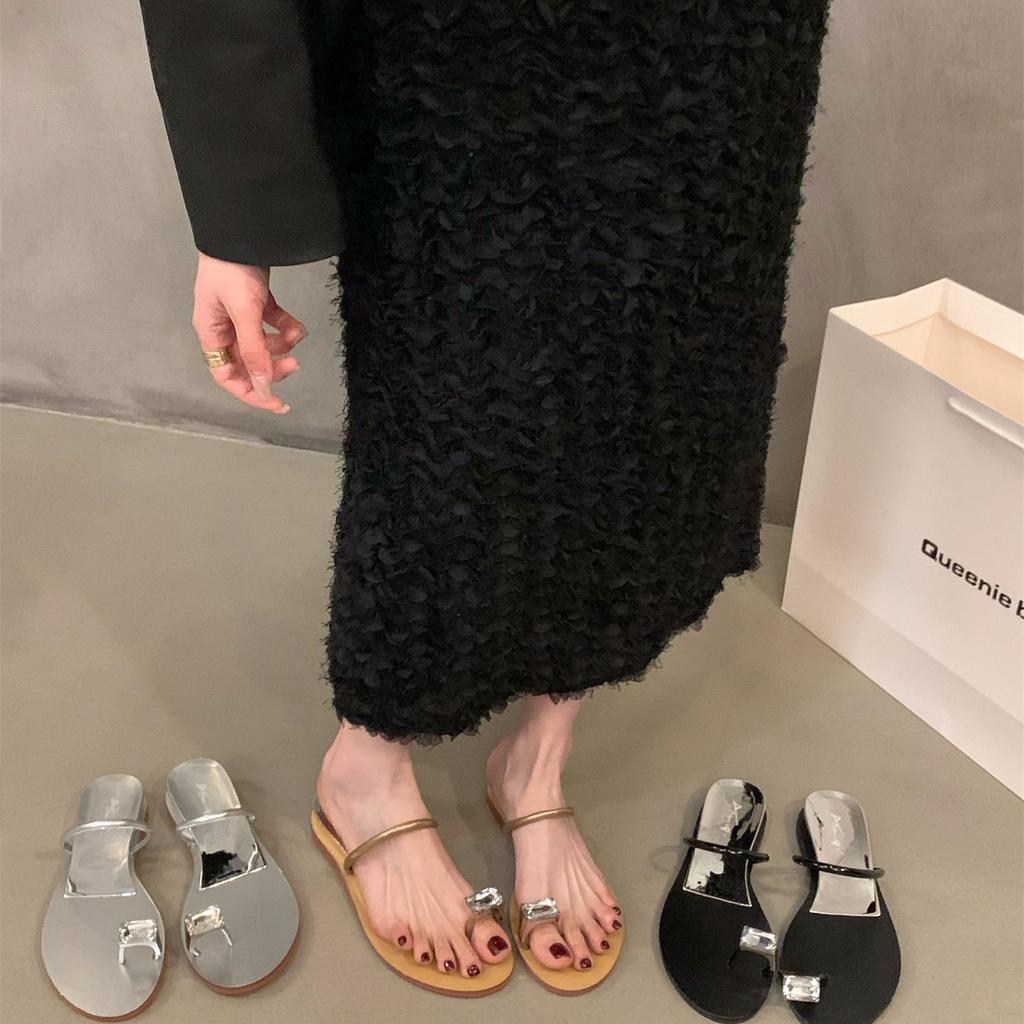 Internet Celebrity Explosion Pigeon Egg Rhinestone French Cool Slippers Fairy Shoes 2025 Summer Wear Wedge Heel Set Toe Sandals