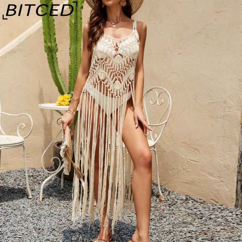 

BITCED Летний Сексуальный Купальник Накидка Ручной Вязания На Шнуровке Защита от Солнца Топ На Тонких Бретельках С Длинной Бахромой Пляжная Накидка One size бежевый