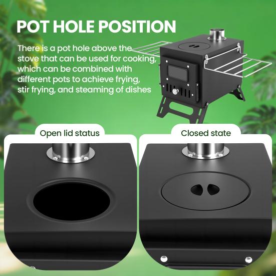 Outdoor Stove Wood Burning with 5 Pipes Accessories, Large Firebox Heating Cooking Hot Tent Camping Stove, Portable Stainless Steel for Outdoor,
