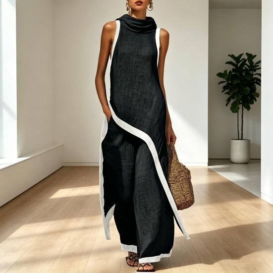 Women Color Block Cotton Linen Two-Piece Outfit Asymmetrical Hem Mock Neck Sleeveless Top Wide-Leg Pants Vacation Lounge Sets