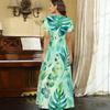Women Plus Size V Neck Short Sleeve Green Blue Printed Straight Long Dress
