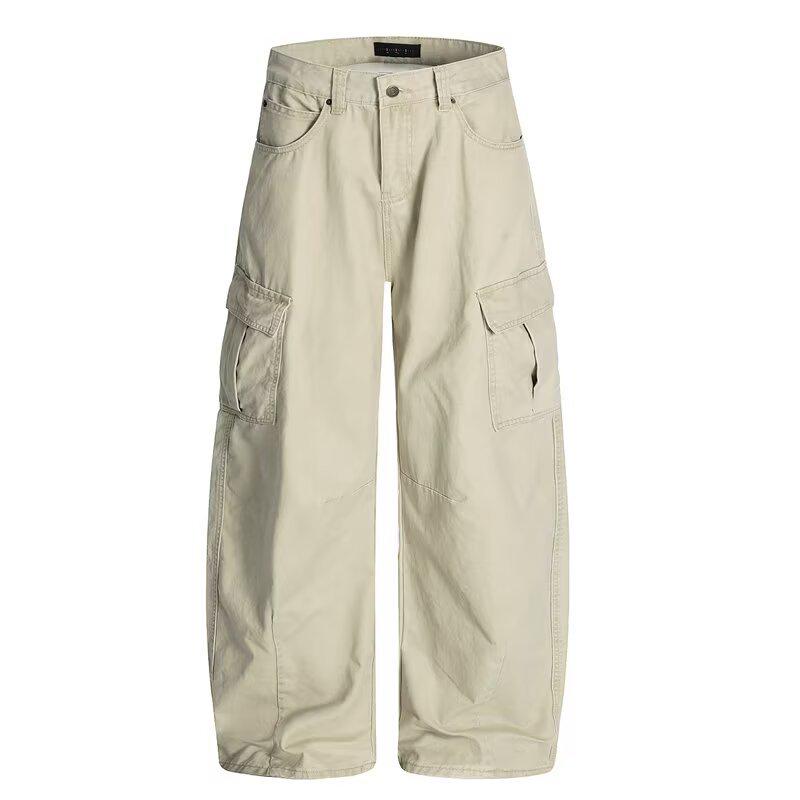 

Unisex Hip Hop Cargo Pants with Retro Multi-Pocket Design and Curved Blade, Straight Floor-Length Wide Legs. 2X Large абрикосовый