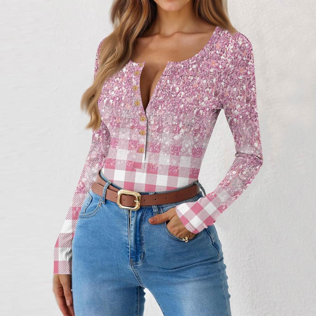 Women's Slim Bottom T-shirt Fashion Casual Gradient Printing Round Neck Pullover Long Sleeve Top