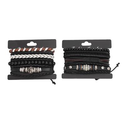 Multi Layer Braided Wristband PU Leather Vintage Universal Unisex African Beaded Bracelet Black