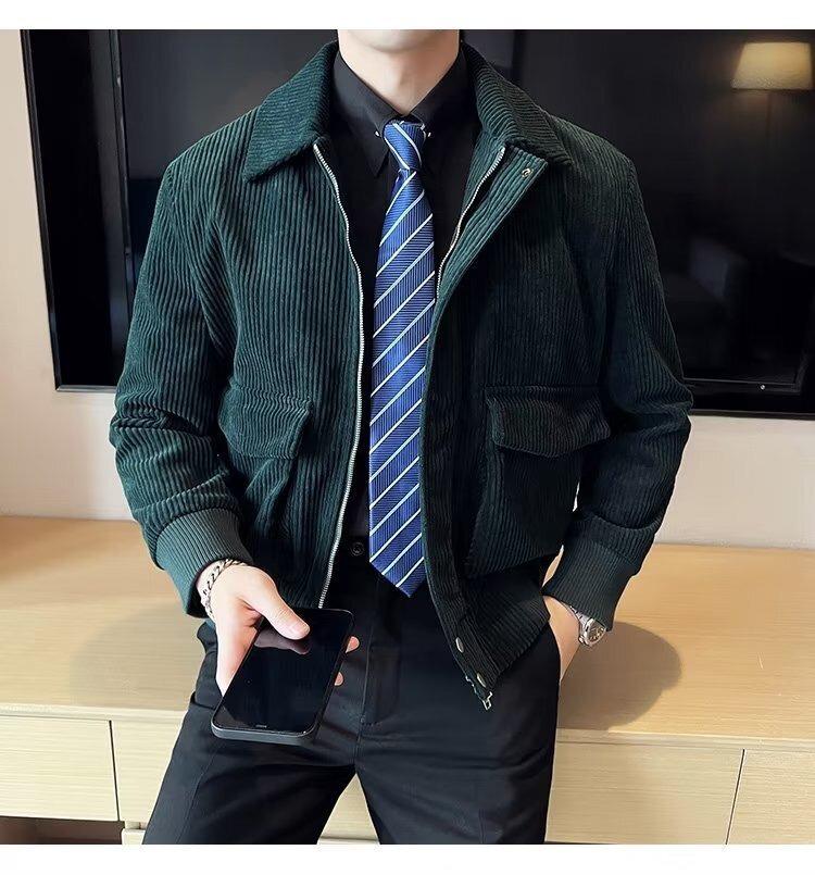 Autumn Korean Trendy Men's Corduroy Jacket - Solid Color, Warm, Cool Zipper Design