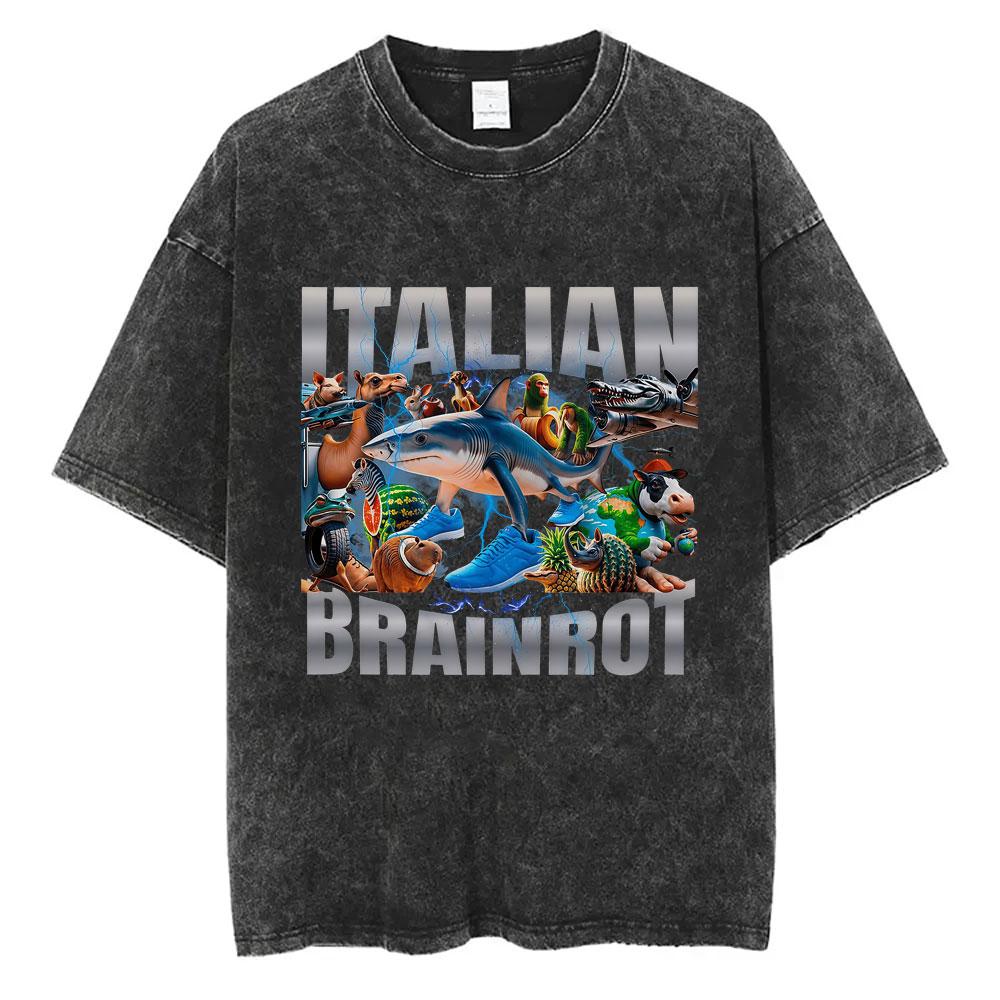 Bombardiro Crocodilo Crocodile Plane Bomber Funny Meme Washed Vintage T-shirt Men Women Casual Italian Brainrot Humor Style Tees