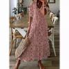 Women's V Neck Floral Print Short Sleeve Tassel Tie Loose Fit Maxi A-Line Dress