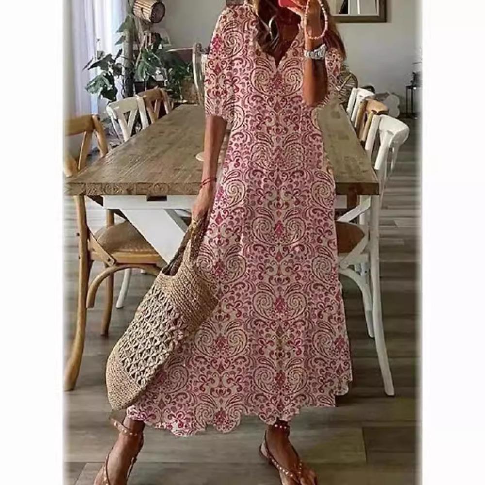 Women's V Neck Floral Print Short Sleeve Tassel Tie Loose Fit Maxi A-Line Dress