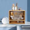 Freestanding Countertop Storage Cabinet, Small Bamboo Kitchen Pantry Sideboard with 2 Sliding Striped Glass Doors for Dish, Bowl