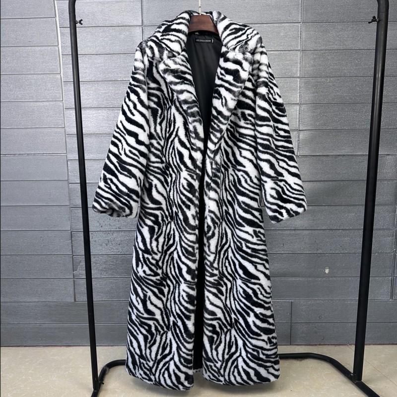 Womens Long Faux Fur Coat Leopard Zebra Print Winter Streetwear