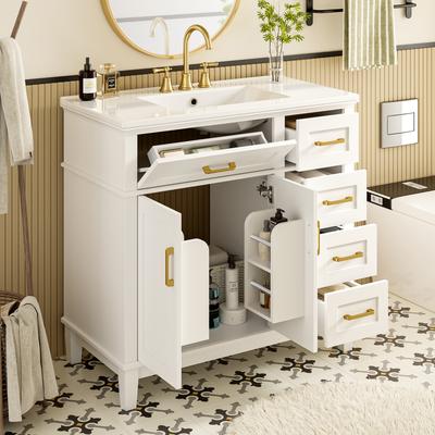 90 X 46 X 87 Cm, White Lacquered Bathroom Floor Cabinet, Drawer Damping, Double Cabinet Door Shelf, Solid Wood Legs, Gold Handle, Ceramic Washbasin