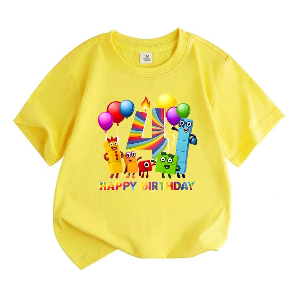 Kids Boys Girls 100% Cotton Crew Neck Short Sleeve T-Shirt Happy 4th Birthday Colorful Number Blocks Cartoon Print Casual Soft Breathable Party Tee To