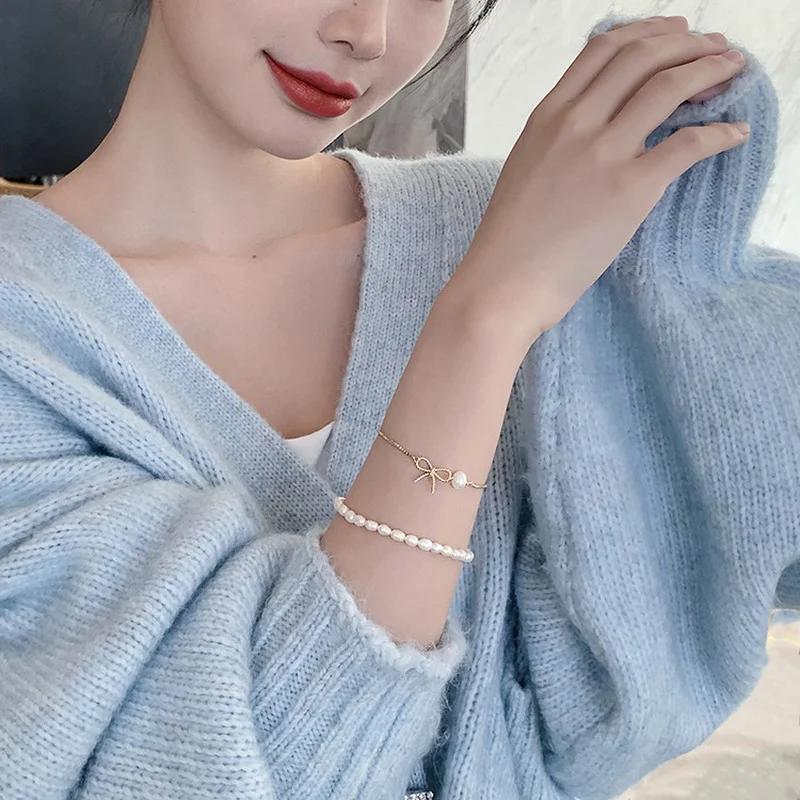 Ladies Fashion Simple Personality Freshwater Pearl Two-piece Bracelet Chain Temperament Adjustable Bracelet