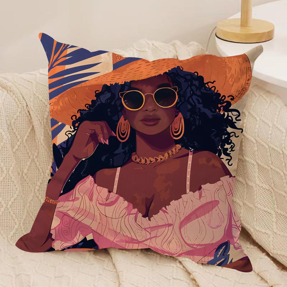 African Black Girls Fashion Cushion Cover Silky Short Plush Invisible Zipper Dustproof Sofa Pillow Case for Home Decor