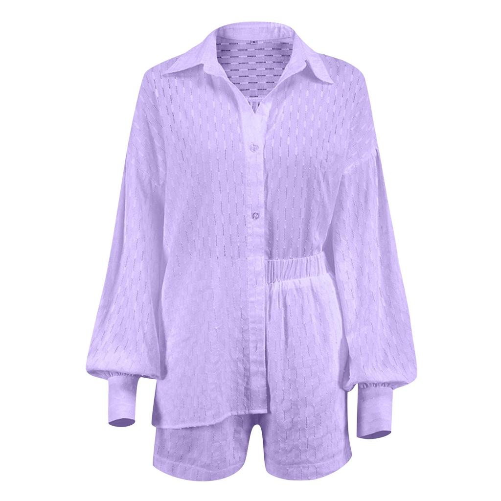 Lässige Mode Einfarbig Damen Shirts Puffärmel Elegante Tops Shorts Casual Anzug