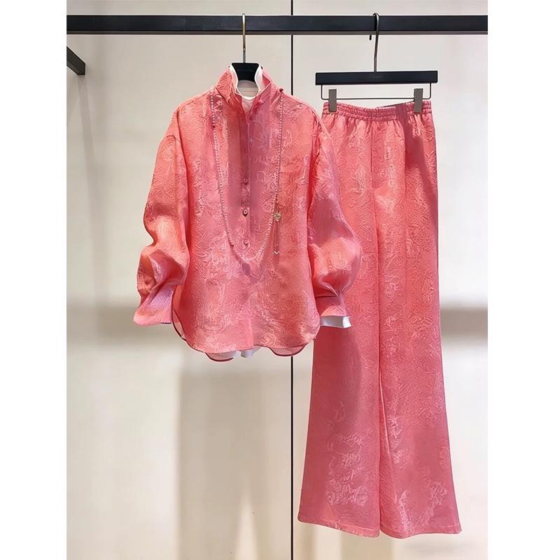 Elegant Rose Red Women s Spring Suit - Stylish Two-Piece Set with Shirt and Pants XL