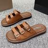 Fashion 2025 Summer Women's Vintage Korean Style Flat Slide Sandals Retro Casual Strappy Beach Shoes Comfortable Non-Slip Flip Flops