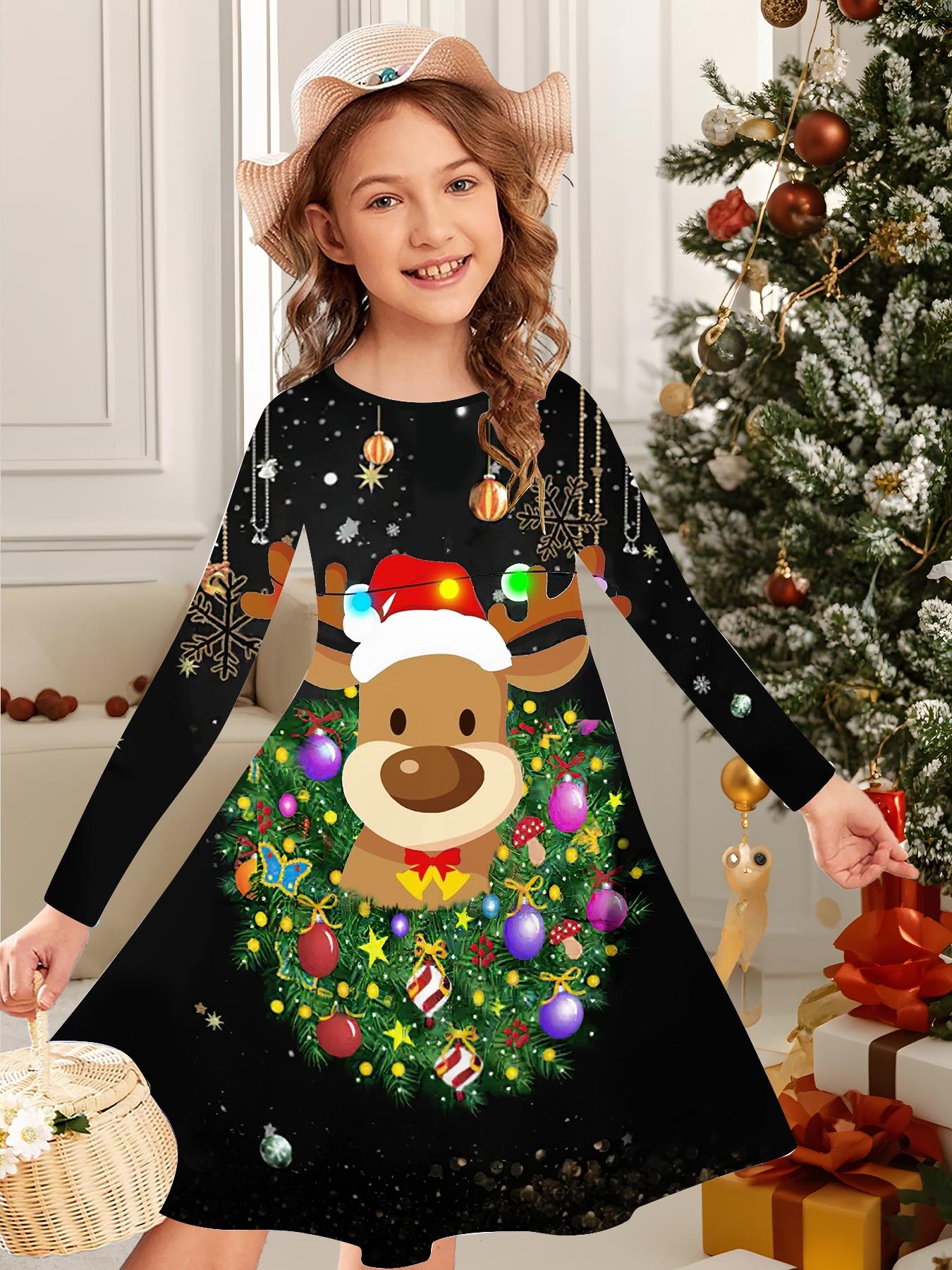 

Модное осенне-зимнее платье для девочек, 3D Рождественский принт, Круглый вырез, Длинное детское платье-футболка, Повседневное универсальное, Рождественская одежда 170