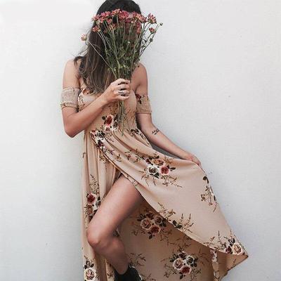 Long Maxi Women Off Shoulder Beach Summer Dresses Floral Print Chiffon