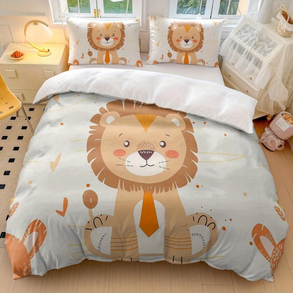 Tropical Jungle Safari Lions Tigers Giraffe Parrots Penguins Theme, Wildlife Zoo Bedding Set 3D Realistic Animal Print For Decor