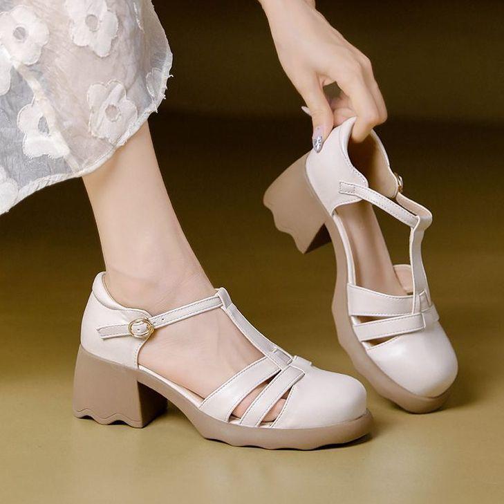 

New summer sandals women s high-heeled pig cage shoes simple hollow summer versatile temperament bag head women s shoes 40 хакі