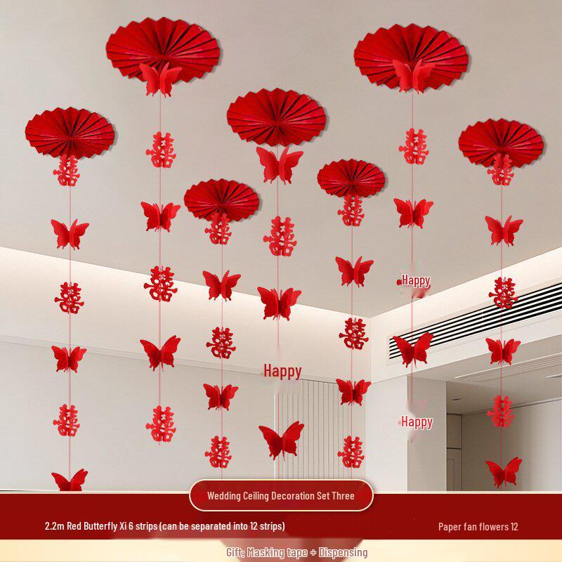 Wedding Décor: Double Happiness Paper Cut Ornaments for Ceiling and Walls, Festive Butterfly Pull Flowers for Bedrooms and Living Rooms