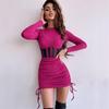Mesh Waist-Cinching Dress - European & American Style, Spring/Summer Fashion, Round Neck, Sexy Long Sleeve, Ruffled Mini Skirt.