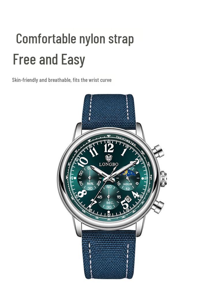 LONGBO Men's Luxury Multifunctional Quartz Watch - Nylon Strap, Waterproof, Hot-Selling