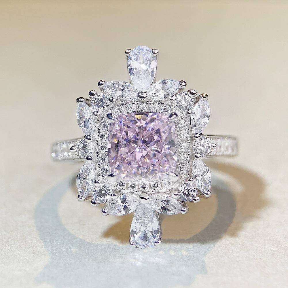 Ice Flower Full Diamond Pink Ring – Luxury S925 Sterling Silver for Women