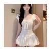 French Gentle Wind Pure White Bubble Sleeve Dress Lace Splicing Date Waist A-word Bud Short Skirt