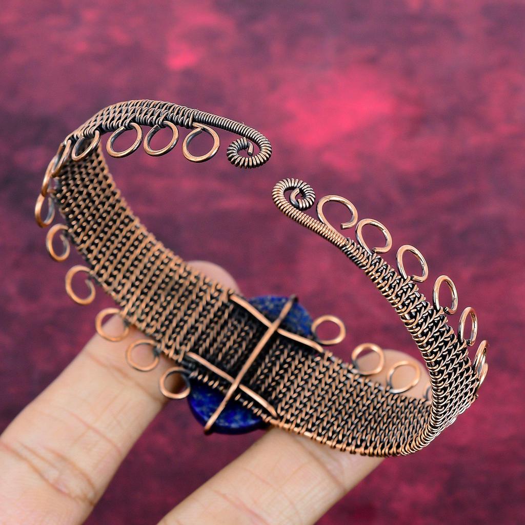 Lapis Lazuli Cuff Bracelet Copper Wire Wrapped Adjustable Bangle Gemstone Jewelry