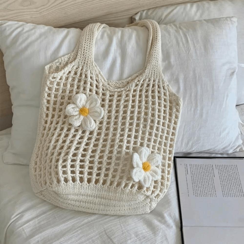 

Flower Crochet Handbag Woolen Hollow Shoulder Bag Casual Knitted Tote Bag Summer