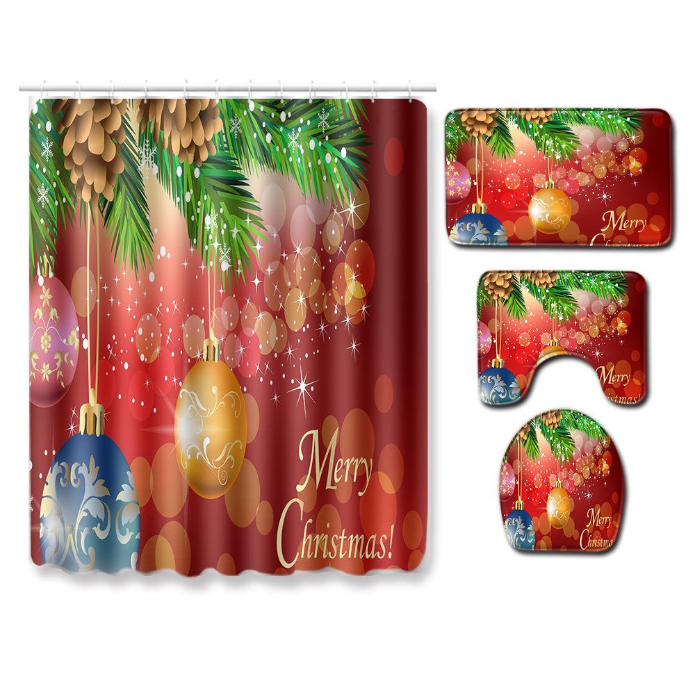 Christmas Printed Shower Curtain Floor Mat Four-Piece Bathroom Toilet Non-Slip Absorbent Carpet Toilet Non-Slip Door Mat