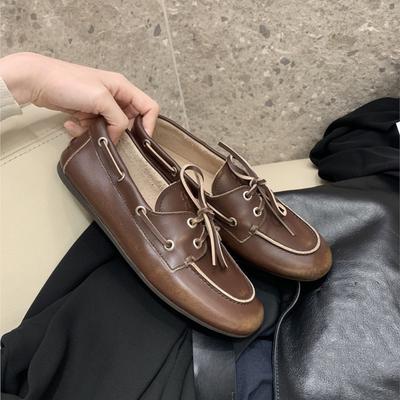 Women's Loafers Shoes Genuine Leather High Quality Round Toe Soft Bottom Flat Shoes Lace Up Breathable Ladies Casual Shoes 2025