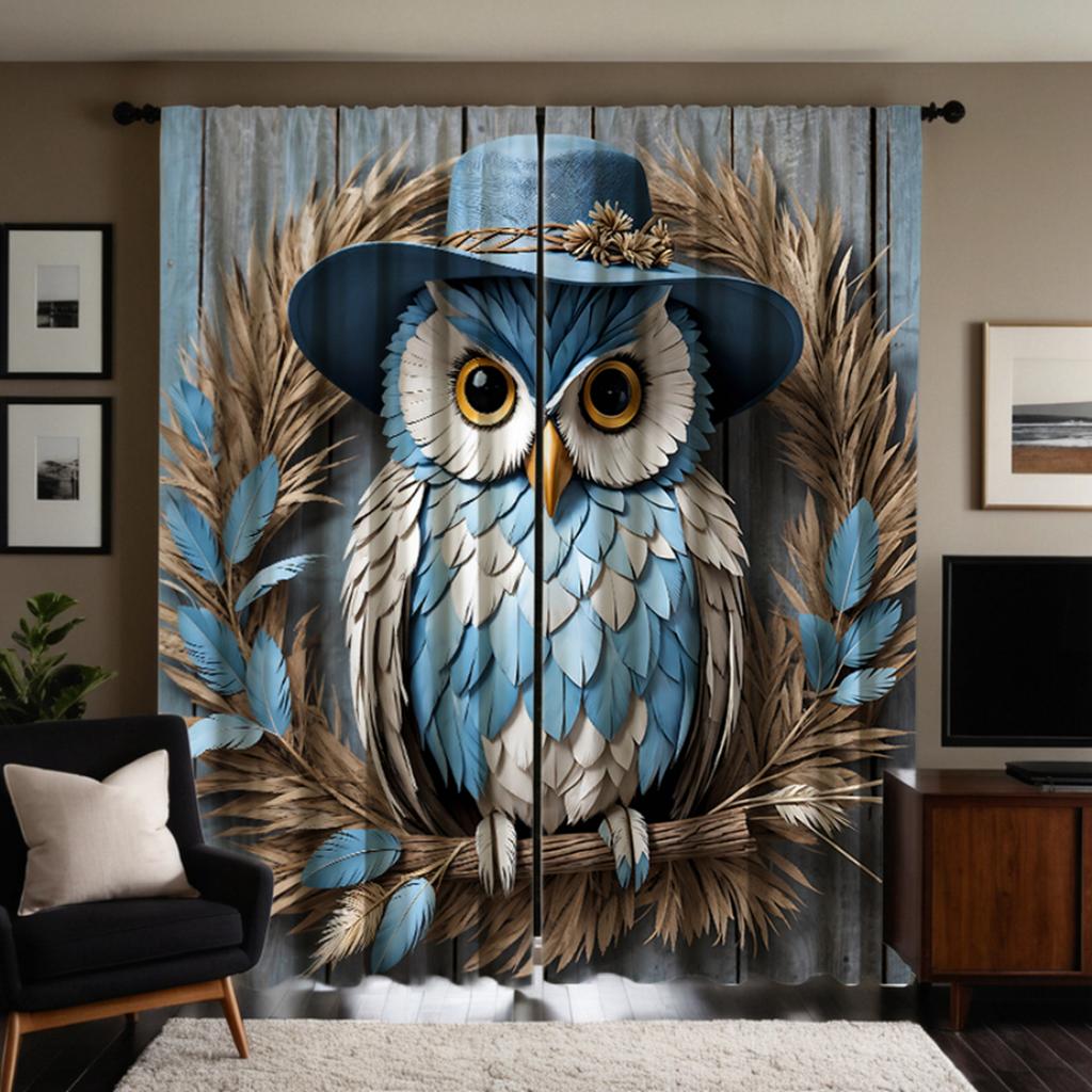 Set Of 2 Hd Garden Wind Straw Owl Decorative Curtain Blue Tie Digital Printed Home Decoration Style Living Curtains Made Polyester