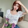 Summer Square Neck Bubble Sleeve Pink Flower Blouse Pullover Short Top Women