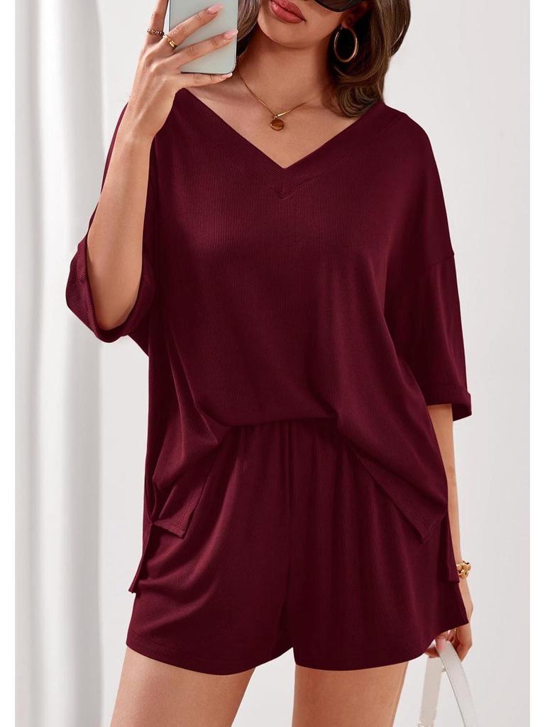 European & American Women's Summer Casual Two-Piece V-Neck Short-Sleeve Top and Shorts Set for Travel and Beachwear 2026