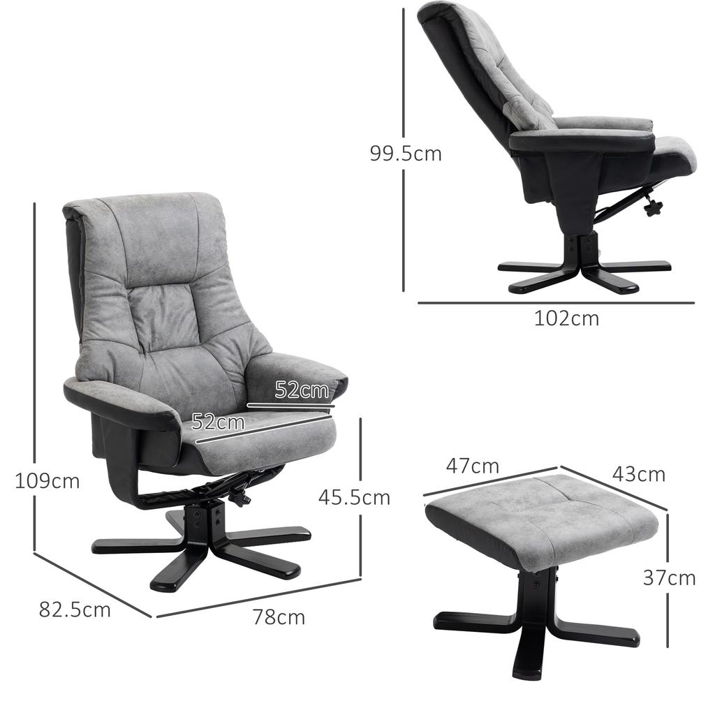 Fabric Recliner Sofa Armchair with Footstool Swivel Sofa Grey