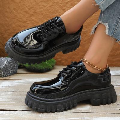 Mocassini Piattaforma in Pelle Verniciata Nera alla Moda Donna Autunno 2025 Scarpe Fondo Spesso in Pelle PU Donna Taglia Grande Stringati Scarpe da Studente 42